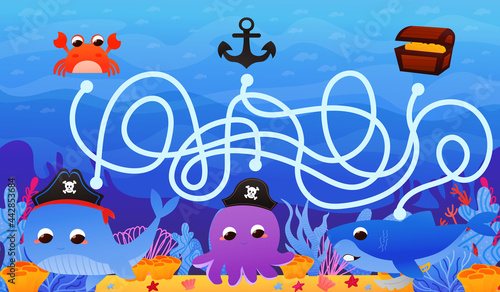 Marine life worksheet for children with colourful underwater fauna and flora, whale and octopus, find way to treasure in cartoon style, riddle for kids