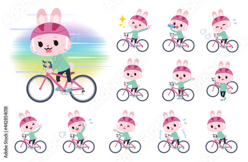 ロードバイクに乗ったうさぎの女の子のセット
