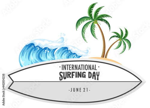 International Surfing Day font on surfboard banner with tropical beach element