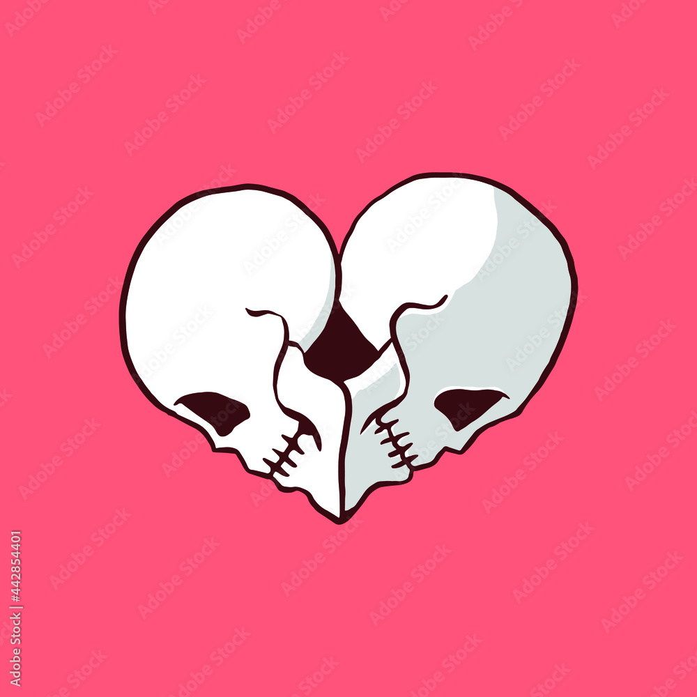 head skull couple illustrated in heart or love. romantic gothic doodle ...