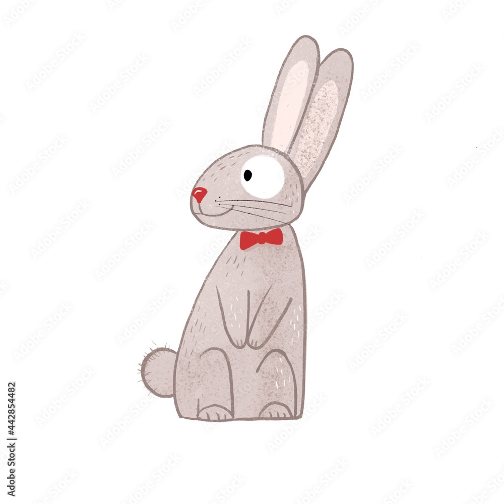 Obraz premium Funny hare or rabbit with a cartoon-style bow on a white background. 
