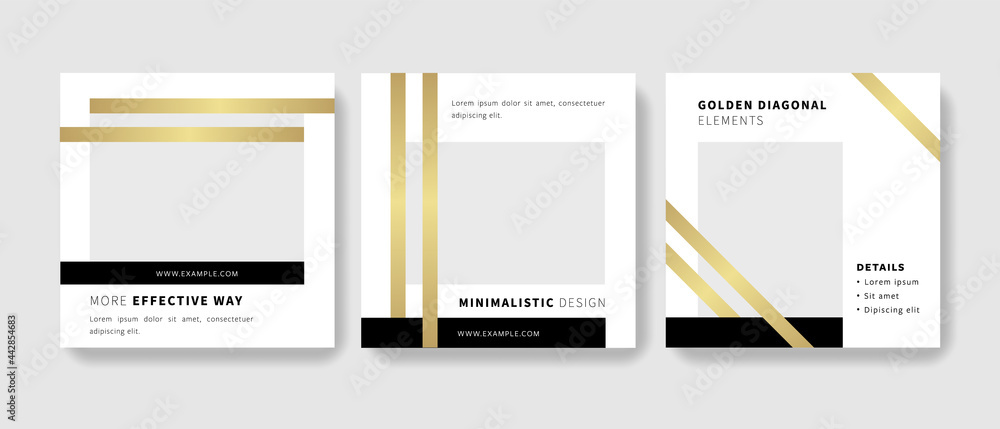 Set of editable social media set layouts with place for photos, square business graphic templates for instagram and facebook, minimalistic style, diagonal gold elements, elegant design - obrazy, fototapety, plakaty 