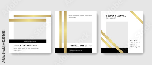 Set of editable social media set layouts with place for photos, square business graphic templates for instagram and facebook, minimalistic style, diagonal gold elements, elegant design