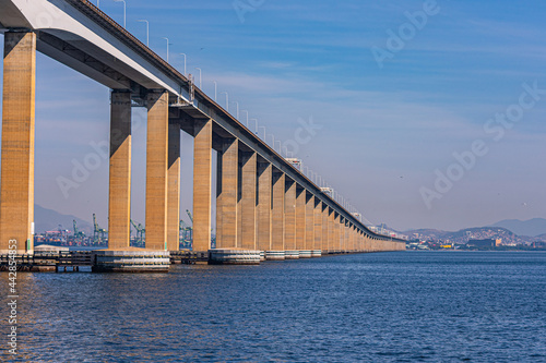 Rio de Janeiro, Brazil - CIRCA 2021: Presidente Costa e Silva Bridge, popularly known as the Rio-Niterói Bridge, over the Guanabara Bay. It is the longest bridge in Brazil and Latin America.