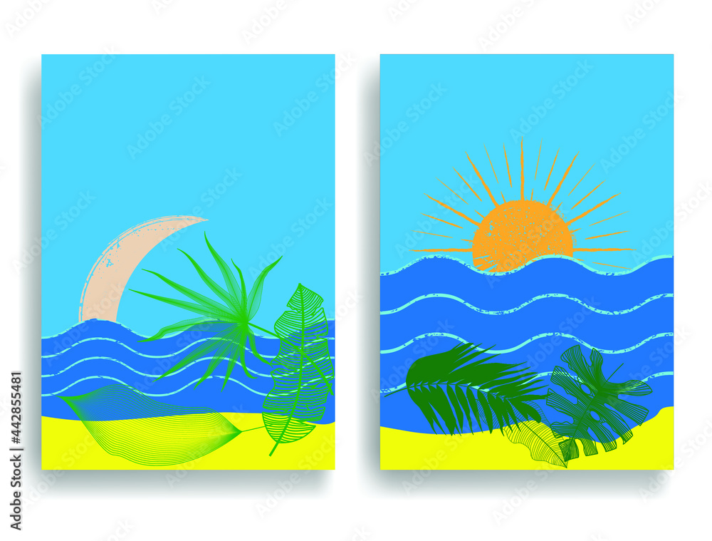 Minimal design element . Sun, sand beach , tropical leaves and blue abstract waves . Sunset logo element. Bohemian art . Vector  illustration. 
