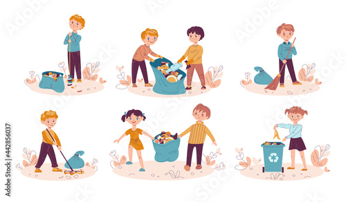Set of children collecting trash into bags and throwing litter into trash can. Children cleaning nature, recycle garbage. Vector illustration in flat cartoon style. Isolated on a white background.
