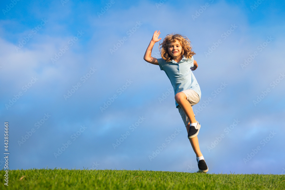 Little adorable boy running on grass. Excited kid play the green grass. The child has blond long hair and a t-shit. The concept of harmony with nature and care for ecology. Healthy lifestyle. Little adorable boy running on grass. Excited kid play the green grass. The child has blond long hair and a t-shit. The concept of harmony with nature and care for ecology. Healthy lifestyle.