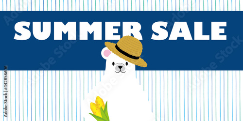 サマーセール　夏の販売促進バナーテンプレート　水彩画背景トウモロコシを持ったホッキョクグマのイラスト　summer sale