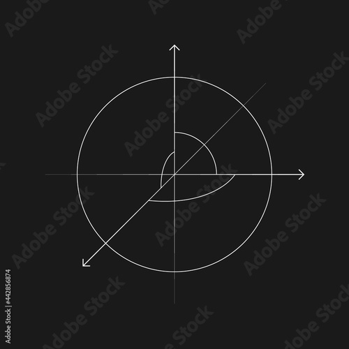Retrofuturistic drawing of 3D space in the form of a circle with three axes. 80s style cyber element. Geometry for poster, cover, merch in retrowave style. Old cyberpunk concept. Vector