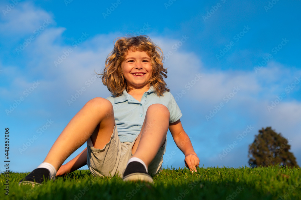 Little boy child with a cute expression face sitting on grass. Cheerful kid having fun on green summer meadow. Children playing on nature. Little boy child with a cute expression face sitting on grass. Cheerful kid having fun on green summer meadow. Children playing on nature.