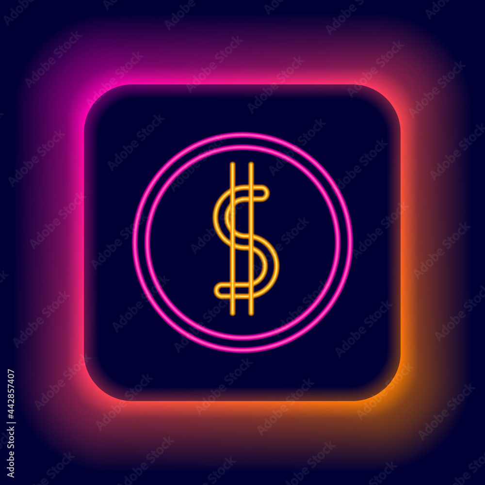 Glowing neon line Coin money with dollar symbol icon isolated on black background. Banking currency sign. Cash symbol. Colorful outline concept. Vector Glowing neon line Coin money with dollar symbol icon isolated on black background. Banking currency sign. Cash symbol. Colorful outline concept. Vector