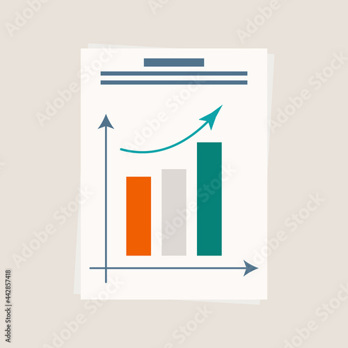 Growth graph, paper document, page. Graph, diagram of efficiency. Statistics, analysis or audit of changes in key business indicators. Development control concept, growth trend. Vector illustration