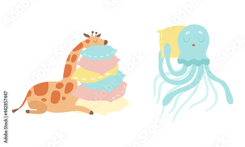 Cute Baby Animals Sleeping in Beds Set, Adorable Giraffe and Octopus Fell Asleep on Pillows Cartoon Vector Illustration