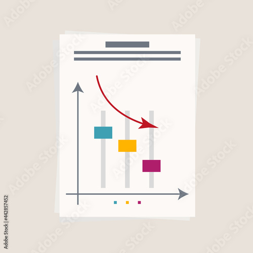 Loss graph, paper document, page. Graph, diagram of efficiency. Statistics, analysis or audit of changes in key business indicators. Development control concept, recession trend. Vector illustration