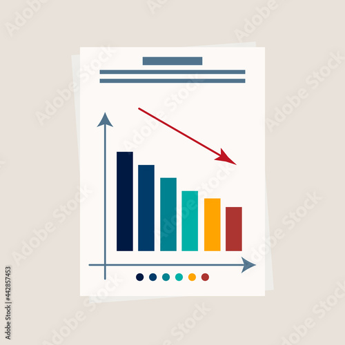 Loss graph, paper document, page. Graph, diagram of efficiency. Statistics, analysis or audit of changes in key business indicators. Development control concept, recession trend. Vector illustration