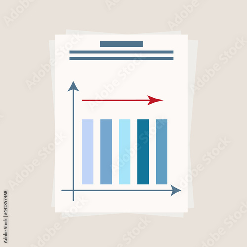 Stable schedule, graph, paper document, page. Graph, diagram of efficiency. Statistics, analysis or audit of changes in key business indicators. Development control concept, stable trend. Vector