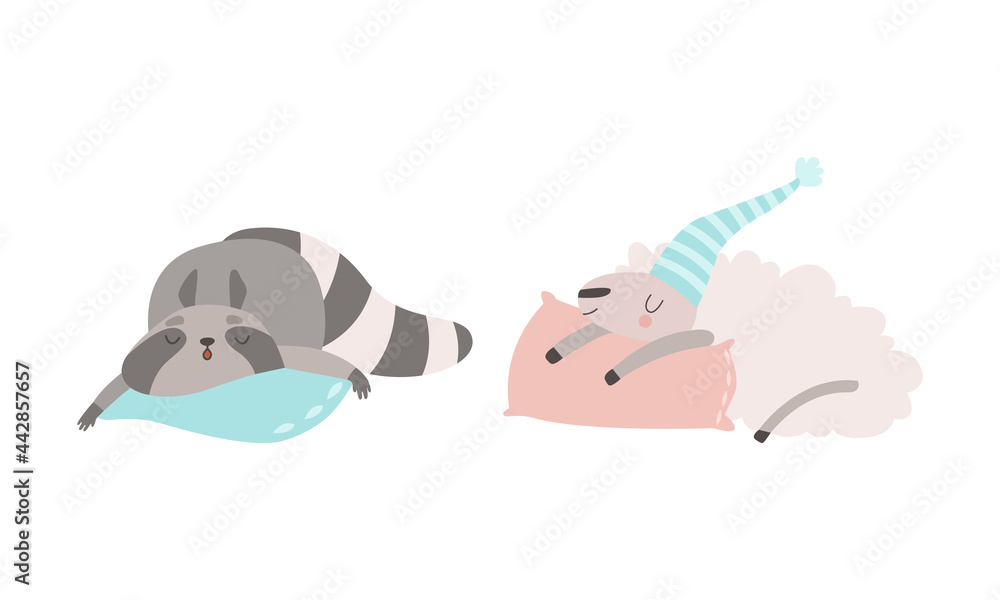 Fototapeta premium Cute Baby Animals Sleeping in Beds Set, Adorable Raccoon and Sheep Fell Asleep on Pillows Cartoon Vector Illustration