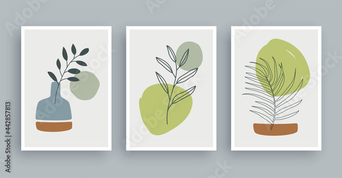 olive branch botanical wall art painting background. Foliage art and hand drawn line with abstract shape. Mid century scandinavian nordic style.