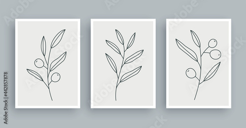 olive branch botanical wall art painting background. Foliage art and hand drawn line with abstract shape. Mid century scandinavian nordic style.