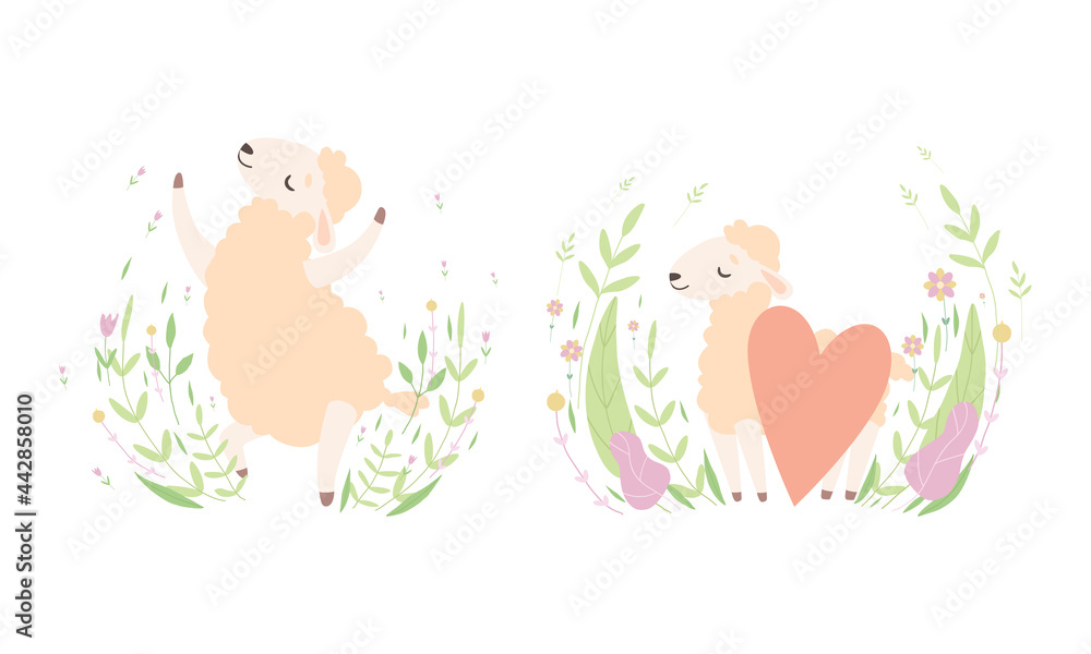 Cute Sheep Having Fun on Green Lawn Set, Adorable Little Fluffy Lamb Farm Animal in Pastel Colors Cartoon Vector Illustration Cute Sheep Having Fun on Green Lawn Set, Adorable Little Fluffy Lamb Farm Animal in Pastel Colors Cartoon Vector Illustration