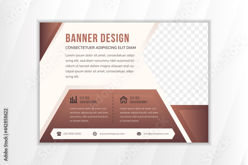 Abstract modern flyer design template use horizontal layout. flat soft brown background combined with multicolored brown elements colors. Half hexagon shape for space of photo collage.