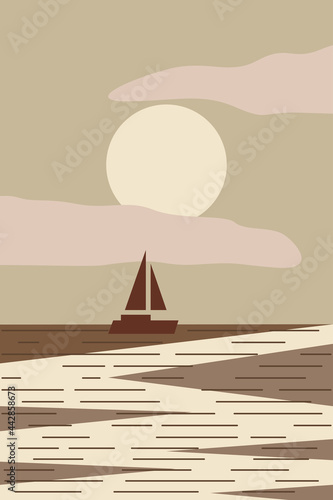 Minimalist seascape with boat at the sunset. Abstract modern vector illustration for wall decot, t shirt print, summer party invitation design etc