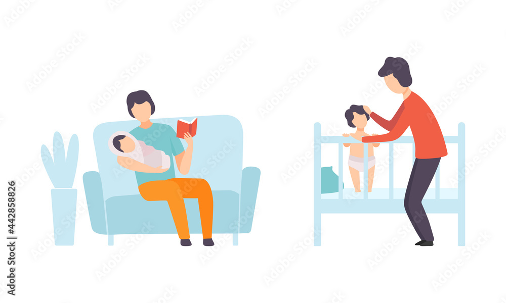 Fathers Taking Caring of their Kids Set, Young Dad Putting Baby to Bed and Reading Book, Happy Fatherhood Concept Flat Vector Illustration Fathers Taking Caring of their Kids Set, Young Dad Putting Baby to Bed and Reading Book, Happy Fatherhood Concept Flat Vector Illustration