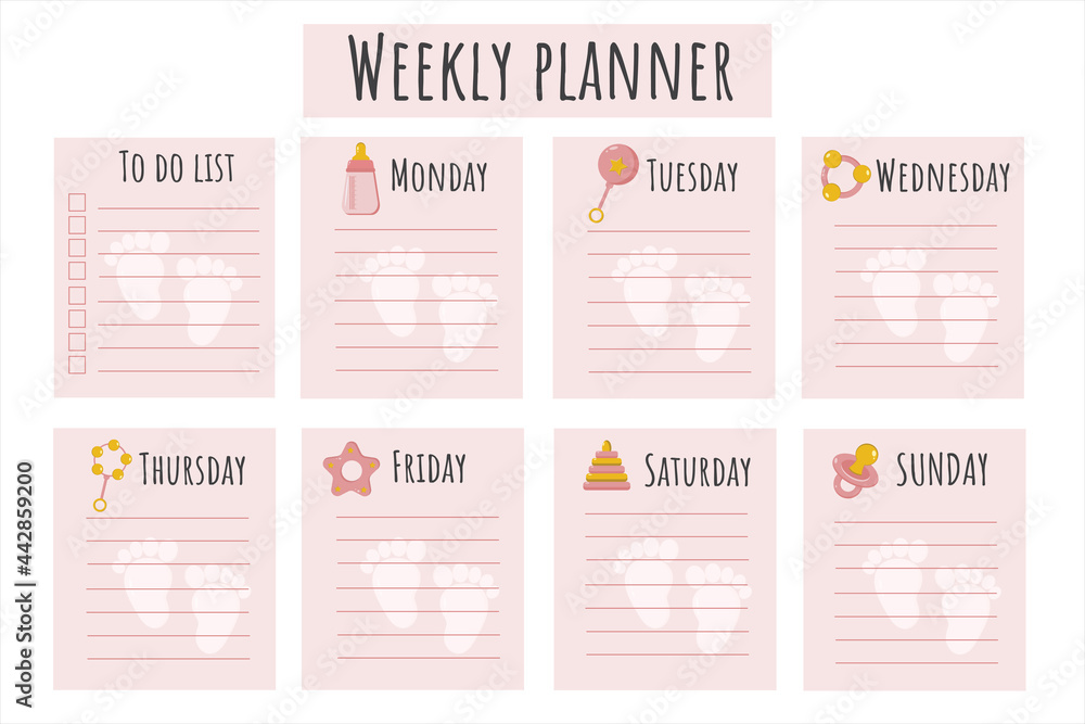 Schedule for the baby's mom. Schedule for the week for the girl's mother. A place to take notes, a convenient organizer for the day of the week for planning. Young mom's schedule.