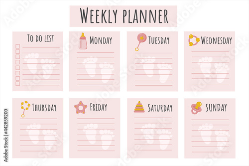 Schedule for the baby s mom. Schedule for the week for the girl s mother. A place to take notes  a convenient organizer for the day of the week for planning. Young mom s schedule.