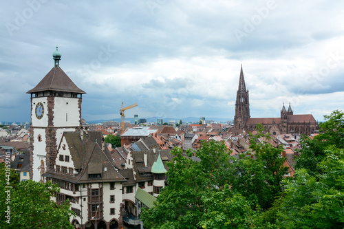 Freiburg im Breisgau, June 29, 2021: A storm front forms over the Rhine Valley and the city of Freiburg with a view of the Schwabentor.
