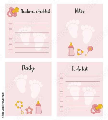 Checklist, to-do list, place to take notes for mom. Checklist for the mother of a newborn girl. Nice-to-have items for newborn. Baby Checklist, notes for mother.