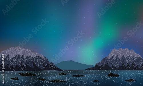 Beautiful night on a frozen lake, mountains covered with snow, sky with polar nothern lights.