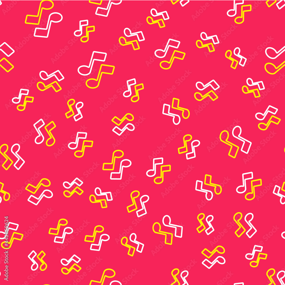 Line Music note, tone icon isolated seamless pattern on red background. Vector