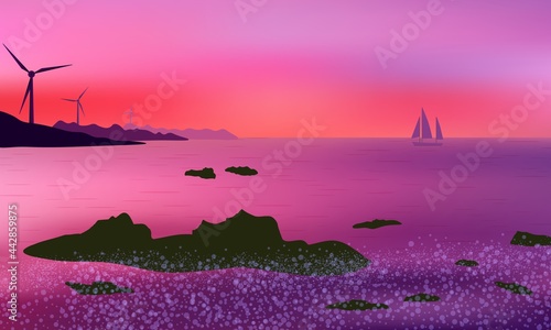 Beautiful mauve sunset with wind power generators on distant hills and sailing yacht. Rocky shore and sea foam.