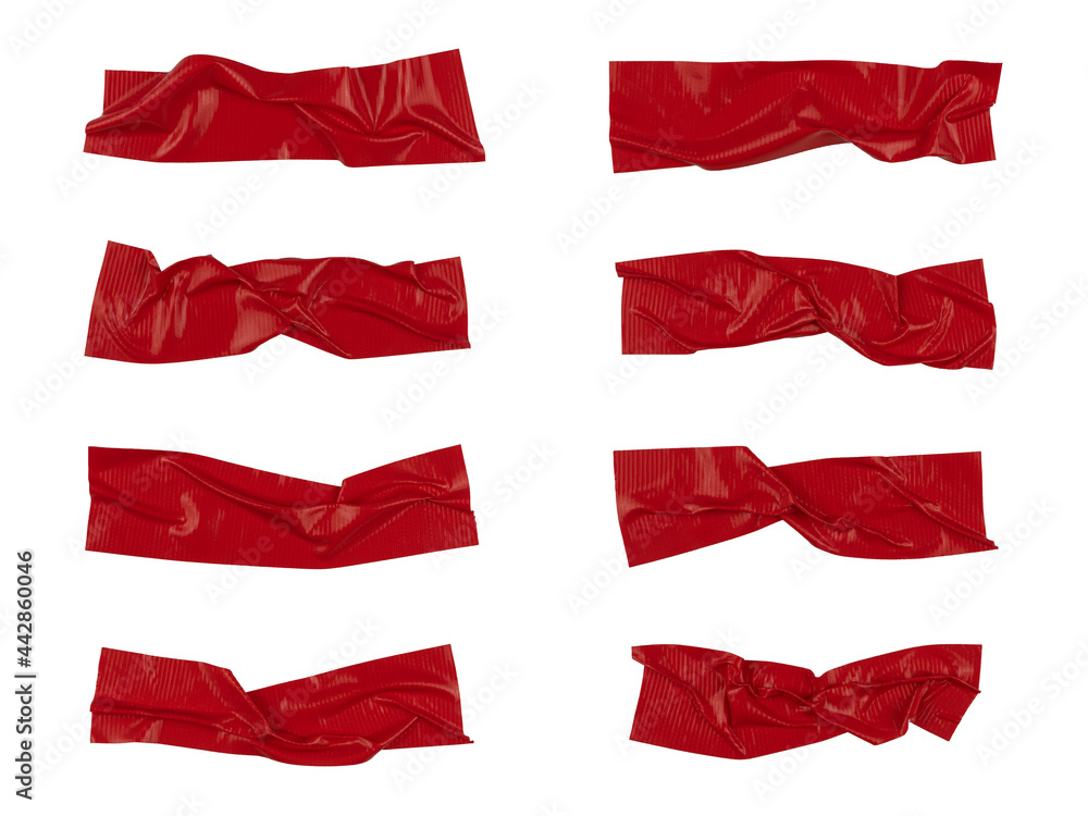 Red wrinkled adhesive tape isolated on white background. Red Sticky scotch tape of different sizes. Red wrinkled adhesive tape isolated on white background. Red Sticky scotch tape of different sizes.