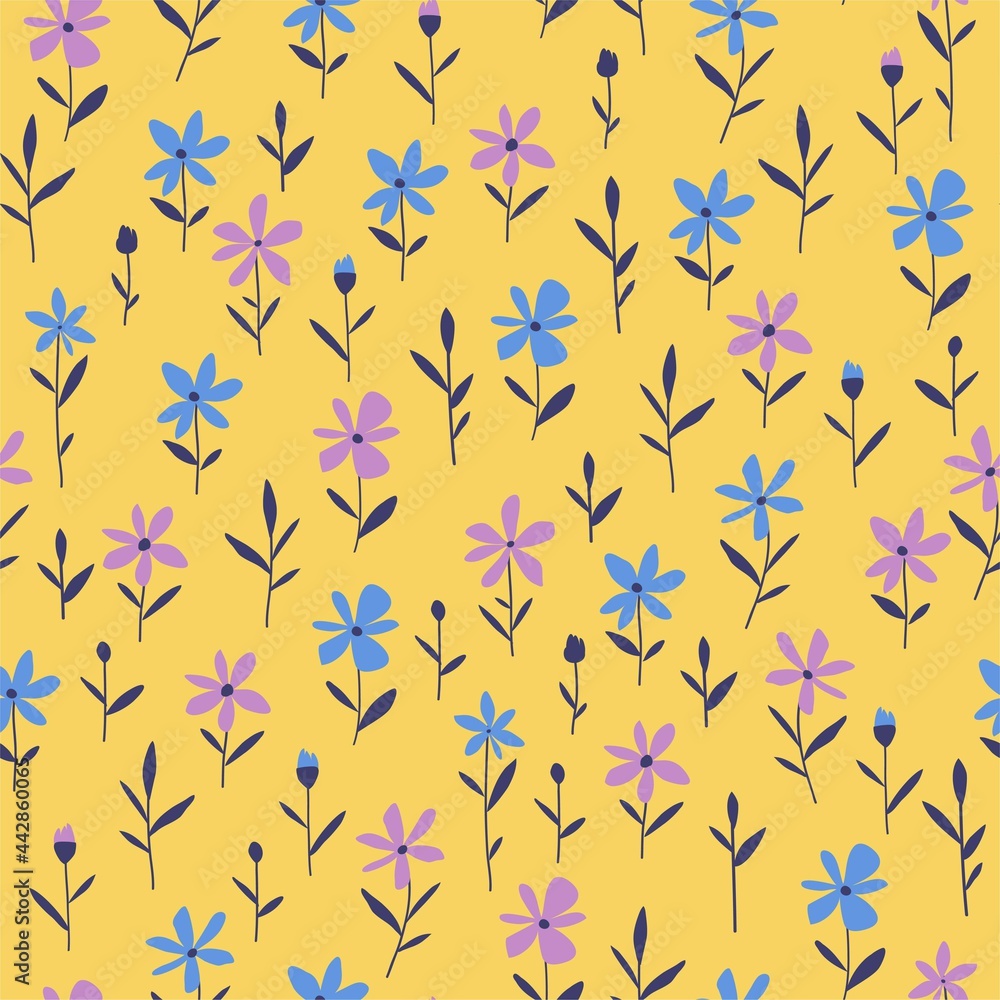 Seamless pattern with wild flowers silhouette. Yellow background with blossoming flowers. Vintage floral wallpaper. Vector stock illustration. Seamless pattern with wild flowers silhouette. Yellow background with blossoming flowers. Vintage floral wallpaper. Vector stock illustration.