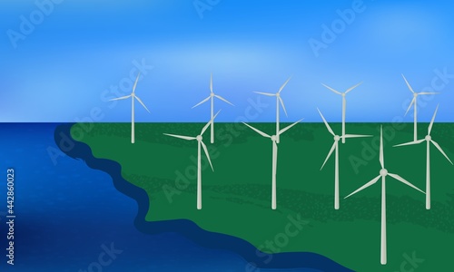 Wind turbines, ecological power generators, standing on a green beach.