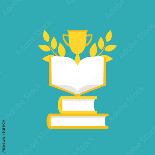 Open golden book with laurel and gold trophy or winning cup. Isolated on powder blue background.
