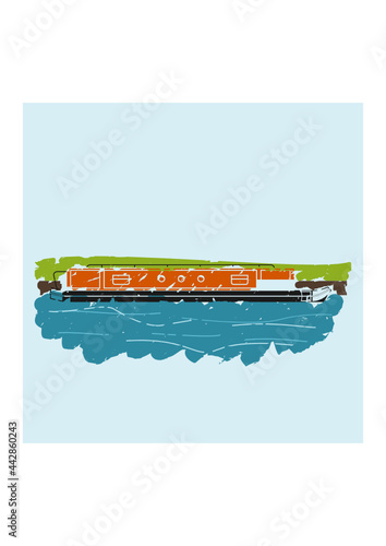 Editable Brush Strokes Style Side View Narrow Boat with Grass Vector Illustration for Artwork Element of Transportation or Recreation of United Kingdom or Europe Related Design