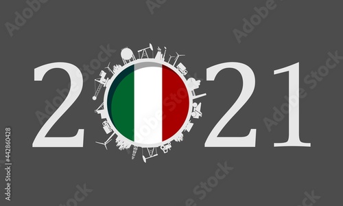 2021 year number with industrial icons around zero digit