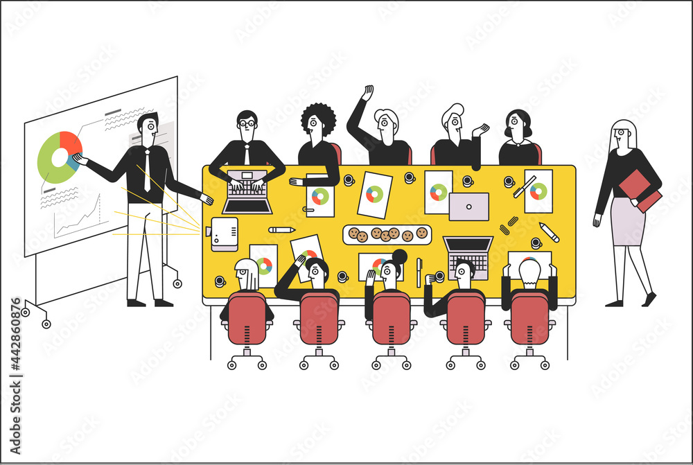 Fototapeta premium People are sitting at a large table in the company, having a meeting, and one person is giving a presentation. vector design illustrations.
