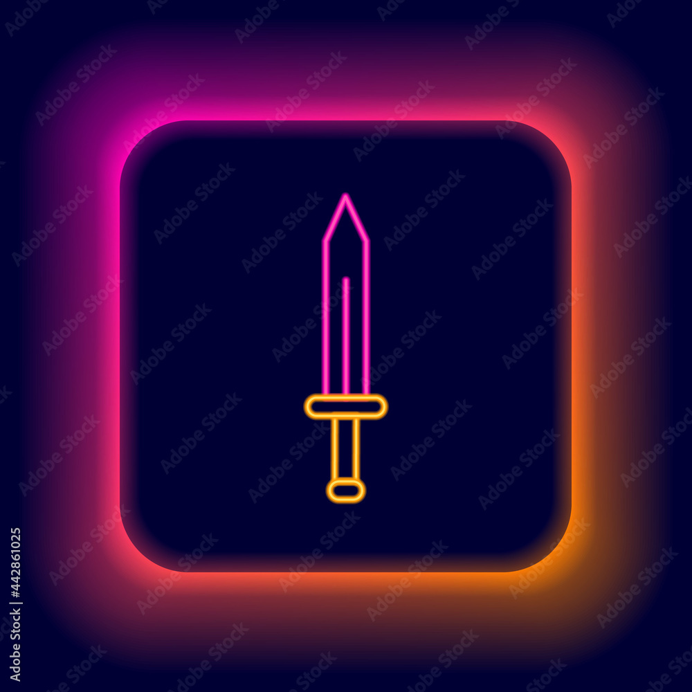 Glowing neon line Medieval sword icon isolated on black background. Medieval weapon. Colorful outline concept. Vector Glowing neon line Medieval sword icon isolated on black background. Medieval weapon. Colorful outline concept. Vector