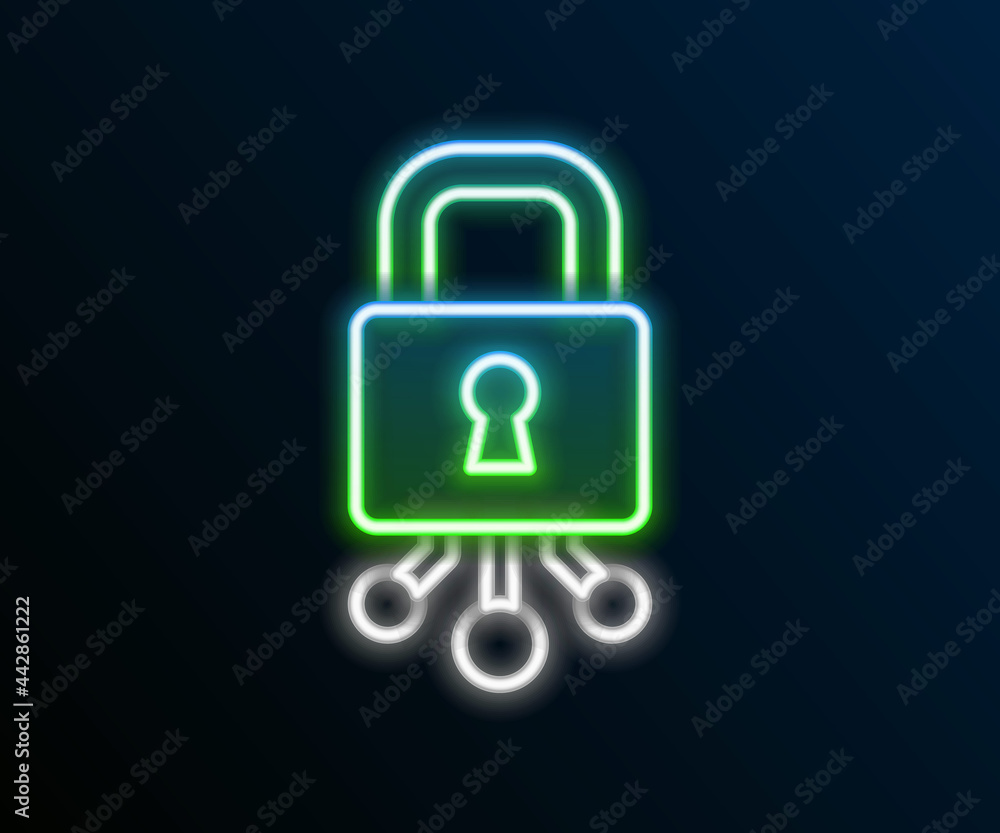 Glowing neon line Cyber security icon isolated on black background. Closed padlock on digital circuit board. Safety concept. Digital data protection. Colorful outline concept. Vector Glowing neon line Cyber security icon isolated on black background. Closed padlock on digital circuit board. Safety concept. Digital data protection. Colorful outline concept. Vector