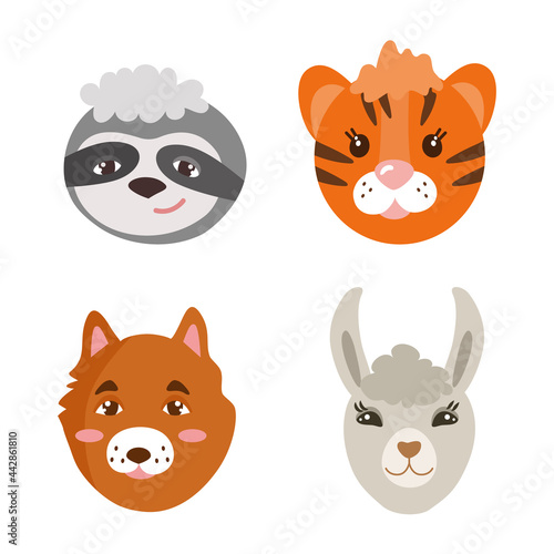 Faces of cute animals, sloth, dog, tiger, llama. Vector illustration isolated. For children's cards, invitations.