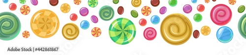 Sweets and scattered. Assorted dessert interspersed. Candy caramel. Seamless. Top seamless border. Flat Background illustration. Vector