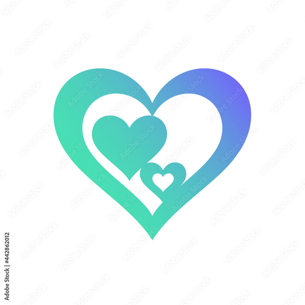 Blue heart logo symbol vector. Three love heart shape inside. Family symbol with heart