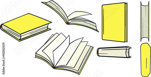 Big set of yellow books hand drawn from different angles. Yellow book Illustration for little kids.