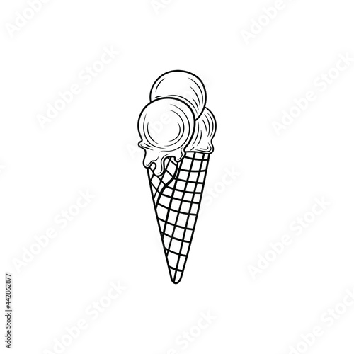 Vector outline ice cream cone isoalted on white background, simple icon template, three scoops.
