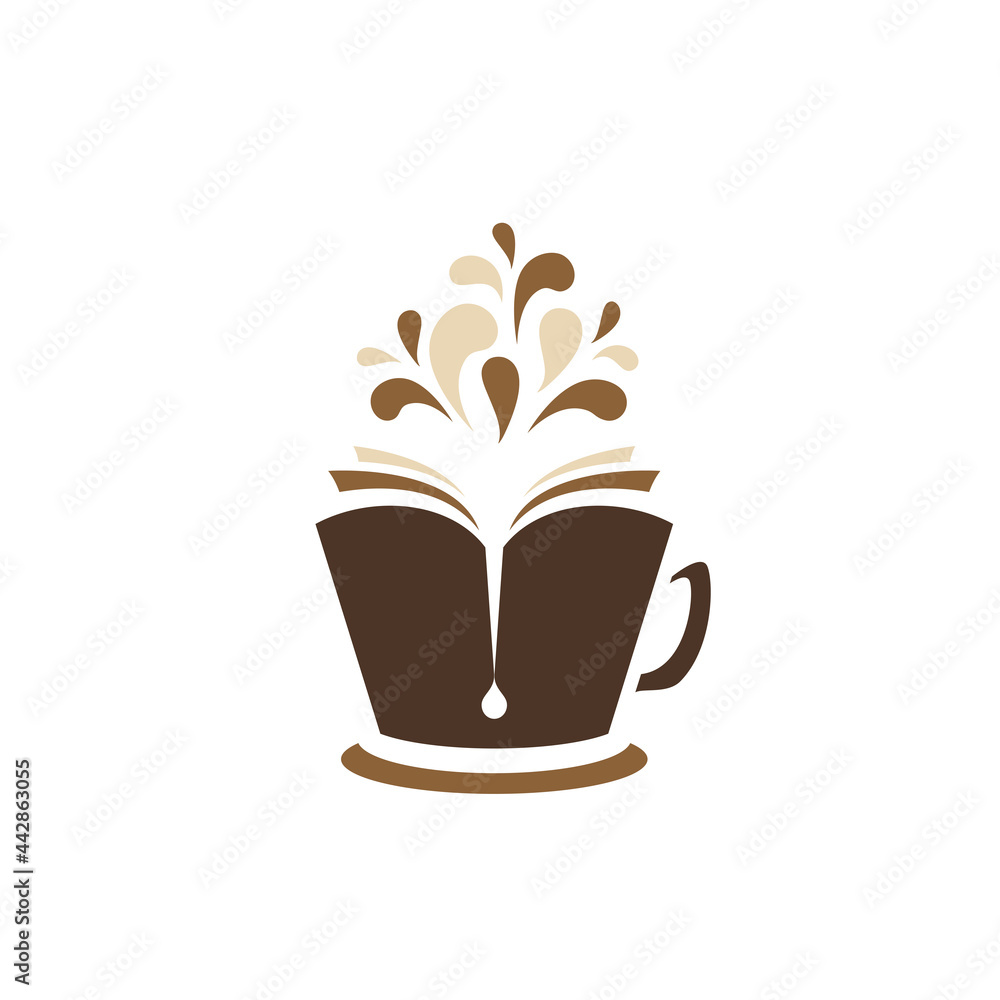 open book as a hot cup of coffee with drops flying out. Reading club, book club, hobby logo open book as a hot cup of coffee with drops flying out. Reading club, book club, hobby logo