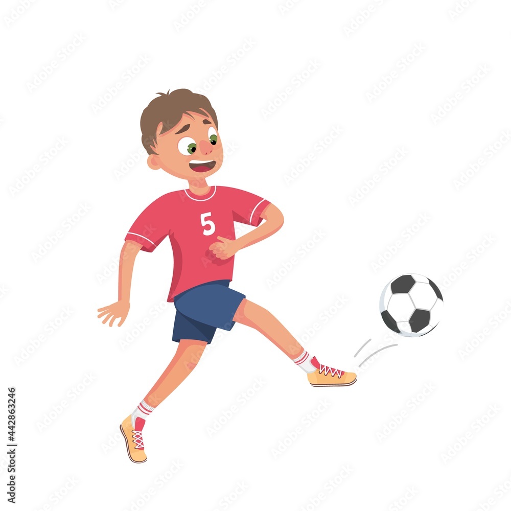 A child is playing football. Vector illustration of an isolated character-a football player boy kicking a soccer ball. Illustration for the children's sports section